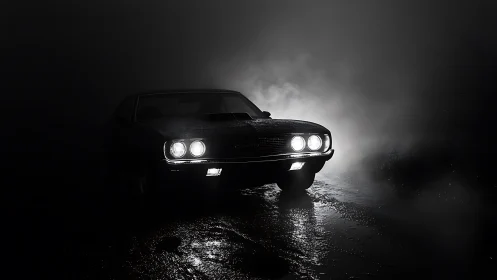 Classic muscle car headlights cutting through dark foggy road.