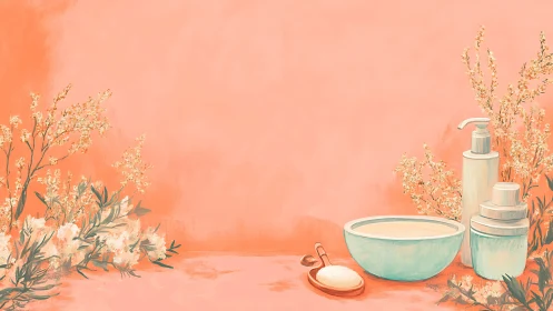 Soft coral spa still life with floral botanical accents.