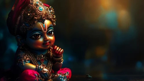 3D devotional idol study with jeweled infant deity focus.