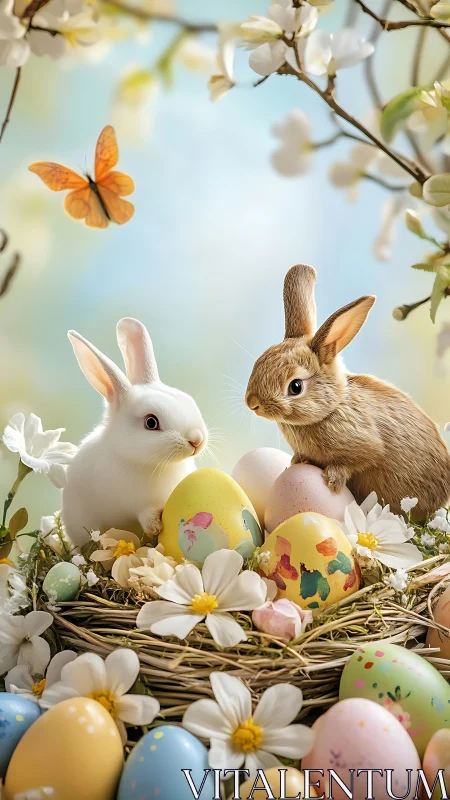 Two detailed rabbits in floral nest with pastel Easter egg cluster