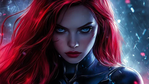 Cinematic cyber heroine portrait with neon red hair in icy rain