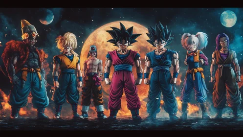 Moonlit warrior lineup on a blazing cosmic battlefield.