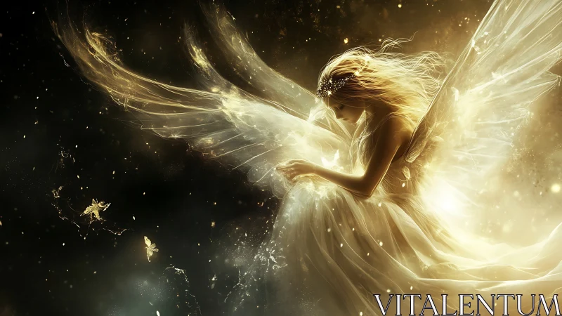 Golden winged figure sits in glowing atmospheric light