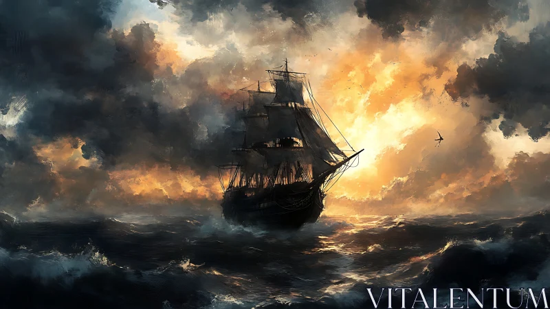 Sailing vessel on rough sea under dense storm cloud cover.