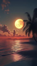 Full moon over tropical beach at vivid sunset glow.
