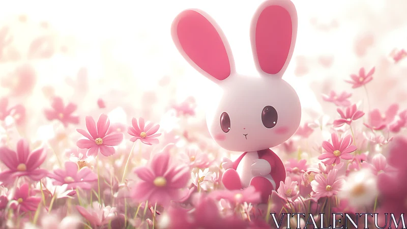 Cartoon rabbit character sits among pink cosmos flowers
