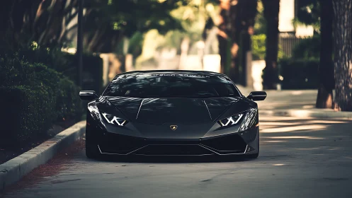 Shadowy supercar gliding quietly through a sunlit avenue.