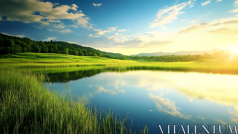 Gentle sunrise glows over a calm reflective country lake