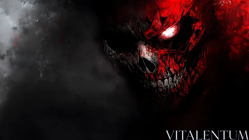 Burning red skull emerging from dark smoke void.