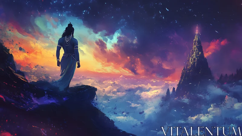 Solitary figure observes distant illuminated mountain structure