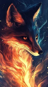 Fire and starlit fox spirit wrapped in glowing swirling flames.