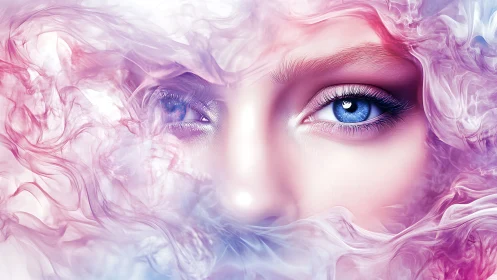 Mystic blue eyes emerge through swirling pastel smoke veil