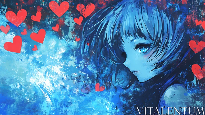 Blue-haired anime girl gazes amid vivid red hearts