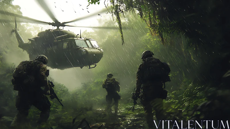 Rain-soaked squad and ghostly gunship in emerald jungle hush.