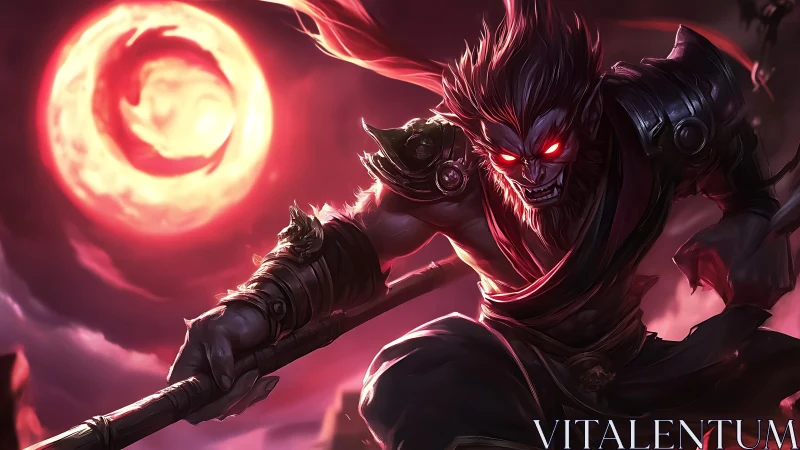 Demonic warrior lunges under a vortex-like blood moon sky
