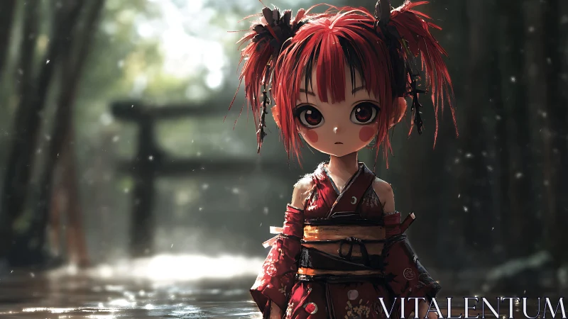 Rainlit chibi wanderer in crimson kimono stares back.