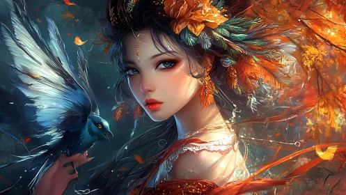 Autumn fairy and faithful blue bird in glowing forest light.