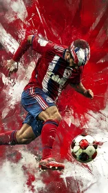 Dynamic soccer player in red kit striking the ball hard.