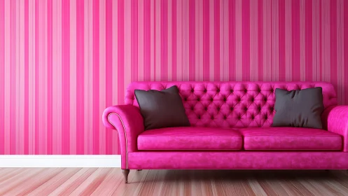 Pink tufted sofa against bold striped magenta wall.