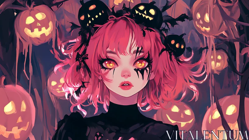 Red haired girl with glowing eyes amid carved pumpkins.