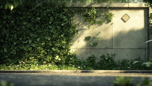 Concrete garden wall with ivy under low-angle directional light