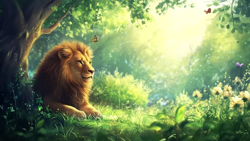 Calm lion resting in bright forest clearing at sunrise.
