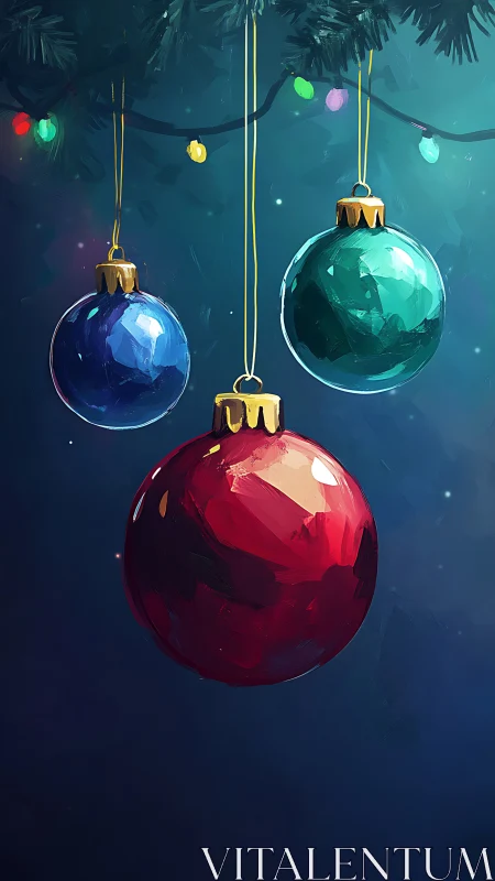 Chromatic glass ornaments under cool festive illumination.