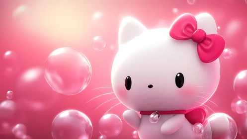 Cute chibi white cat with pink bow amid glossy bubbles.