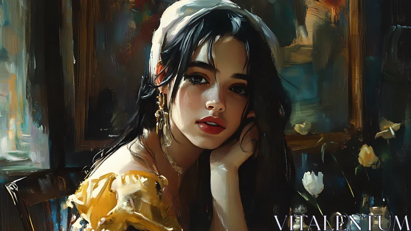 Romantic digital portrait with painterly chiaroscuro detailing.