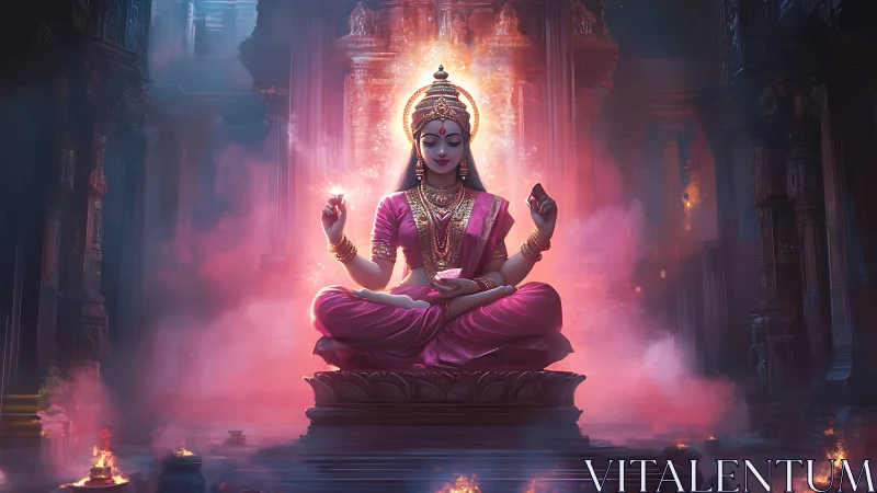 Divine goddess meditates in glowing temple haze