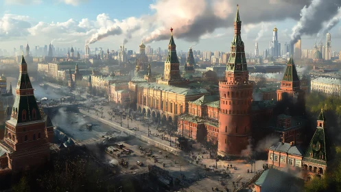 Sunlit red city towers meet a smoky, shifting skyline.