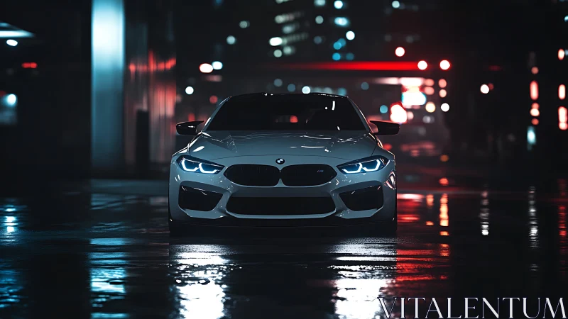 White sports coupe on wet city street at night front view.
