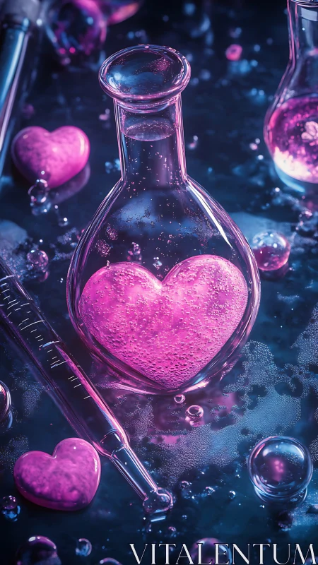 Heart-shaped pink object is contained in a glass flask
