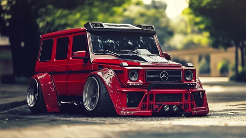 Street-slammed crimson G-Wagon prowls the quiet boulevard.