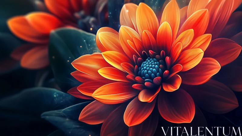 Digital render of layered gerbera daisy with orange petals and dark center