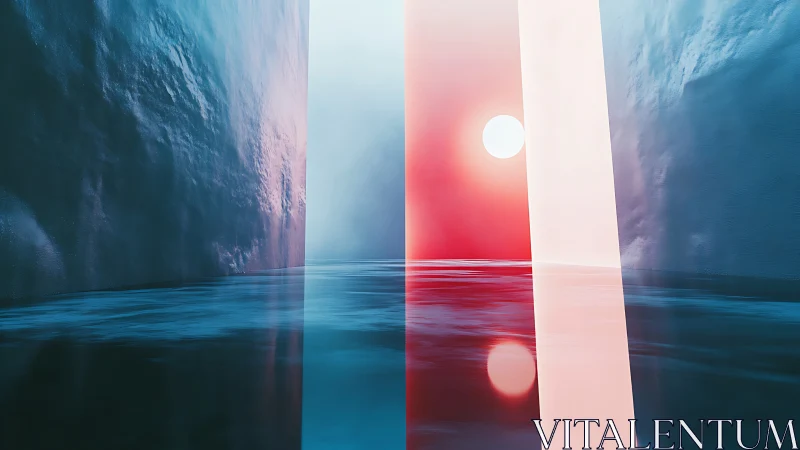 Sunlit portal over tranquil water between icy walls.