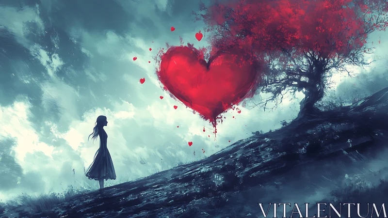 Ethereal figure observes luminous oversized heart suspended in turbulent sky