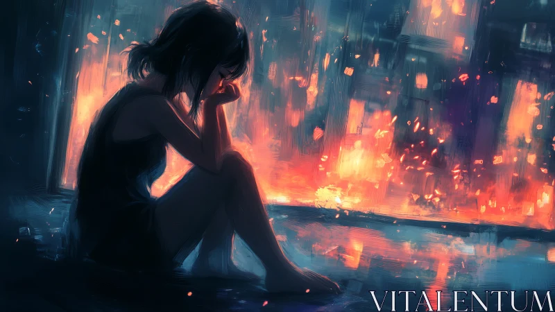 Silhouetted figure beside burning cityscape at night.