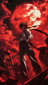 Backlit swordsman under blood-red supermoon in ruined cityscape