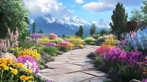 Stone garden path with wildflowers and distant mountains.