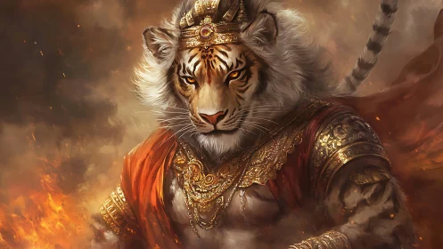 Tiger warlord in ornate armor amid swirling firestorm.