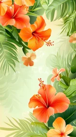 Vibrant Tropical Hibiscus Blooms Against Lush Palm Fronds Background.