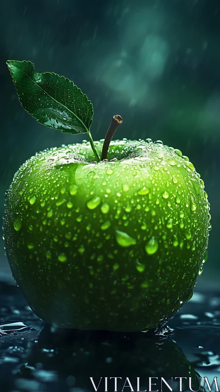 Rain-kissed green apple gleams like polished emerald temptation.