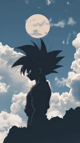 Silhouetted anime figure stands against bright backlit sky