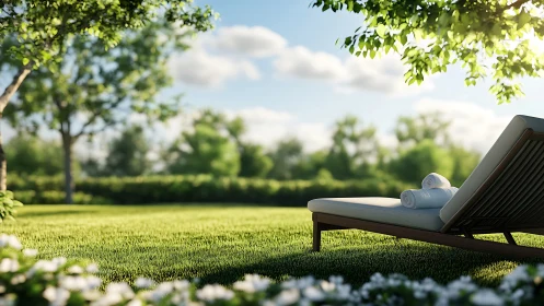 Sunlit garden lounger invites calm relaxation in lush greenery