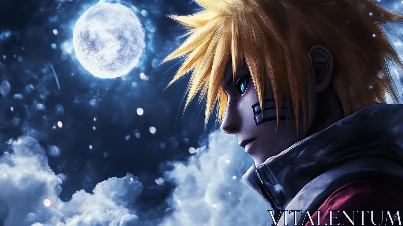 Side-profile anime warrior stares at moonlit cloudy sky