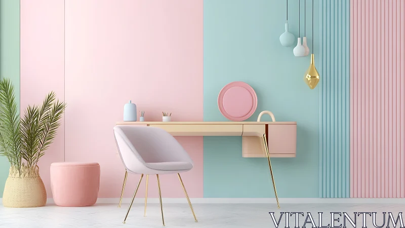 Pastel minimalist home office with split-tone geometric wall design.