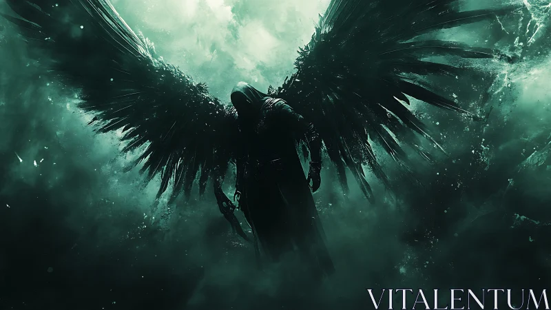 Winged shadow guardian rising from stormy emerald mist.