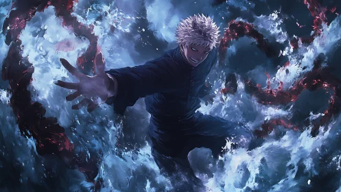 White-haired sorcerer commands raging blue cursed energy