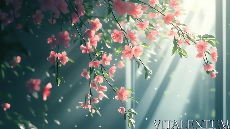Soft daylight illuminates cascading pink blossoms indoors